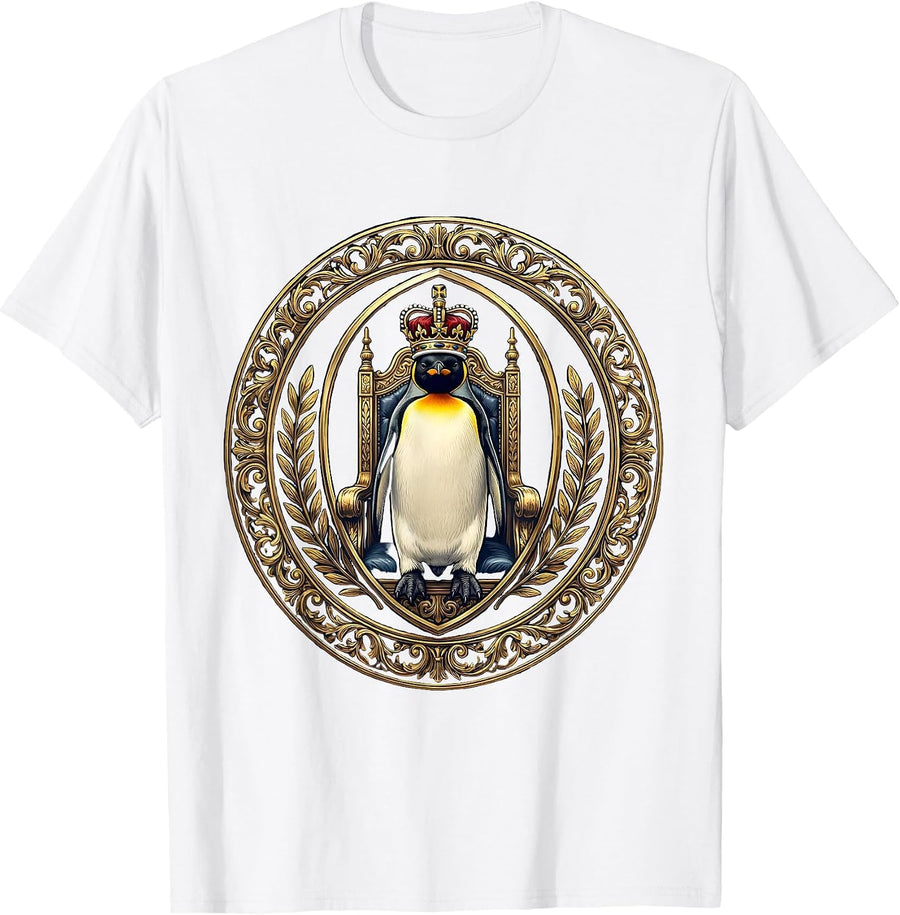 Men's Royal Penguin King Seated on Throne Illustration T-Shirt - White