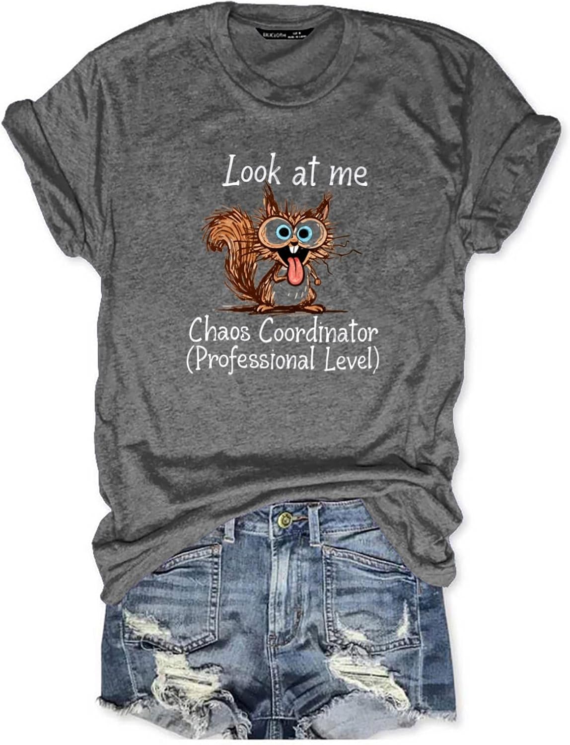 Women's Funny Chaos Coordinator Squirrel Graphic Tees Short Sleeve Tops - Grey