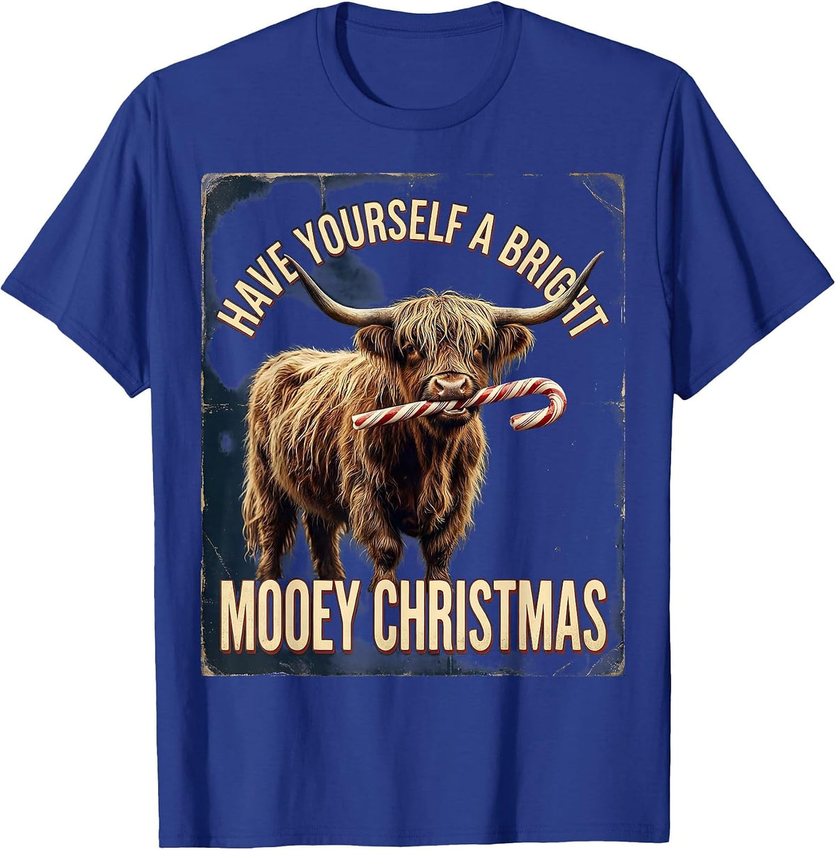 Men's Have Yourself A Bright Mooey Christmas Vintage Highland Cow T-Shirt - Royal Blue