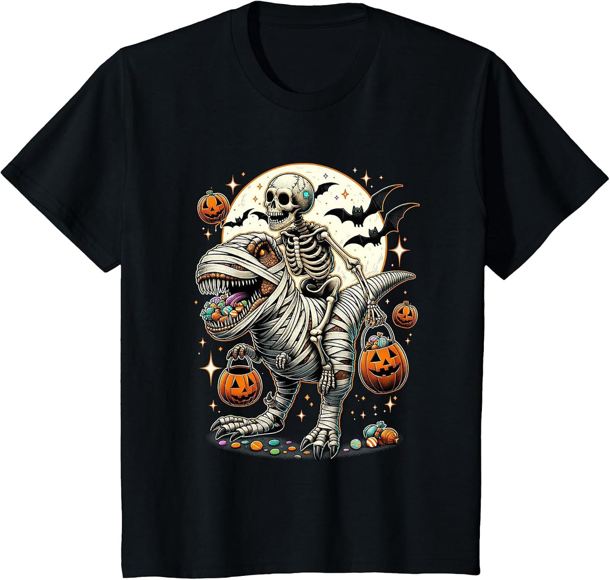 Skeleton Riding Mummy Dinosaur T Rex Kids Boys Men Halloween T-Shirt - Black