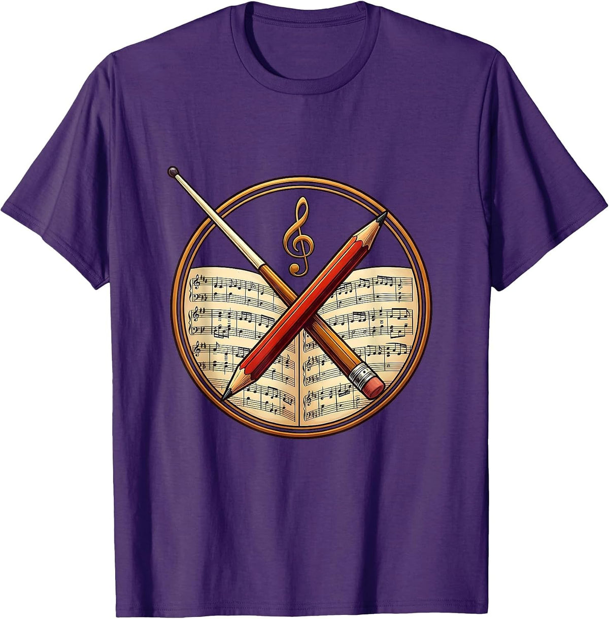 Music Teacher Conductor Baton and Pencil Graphic T-Shirt - Purple