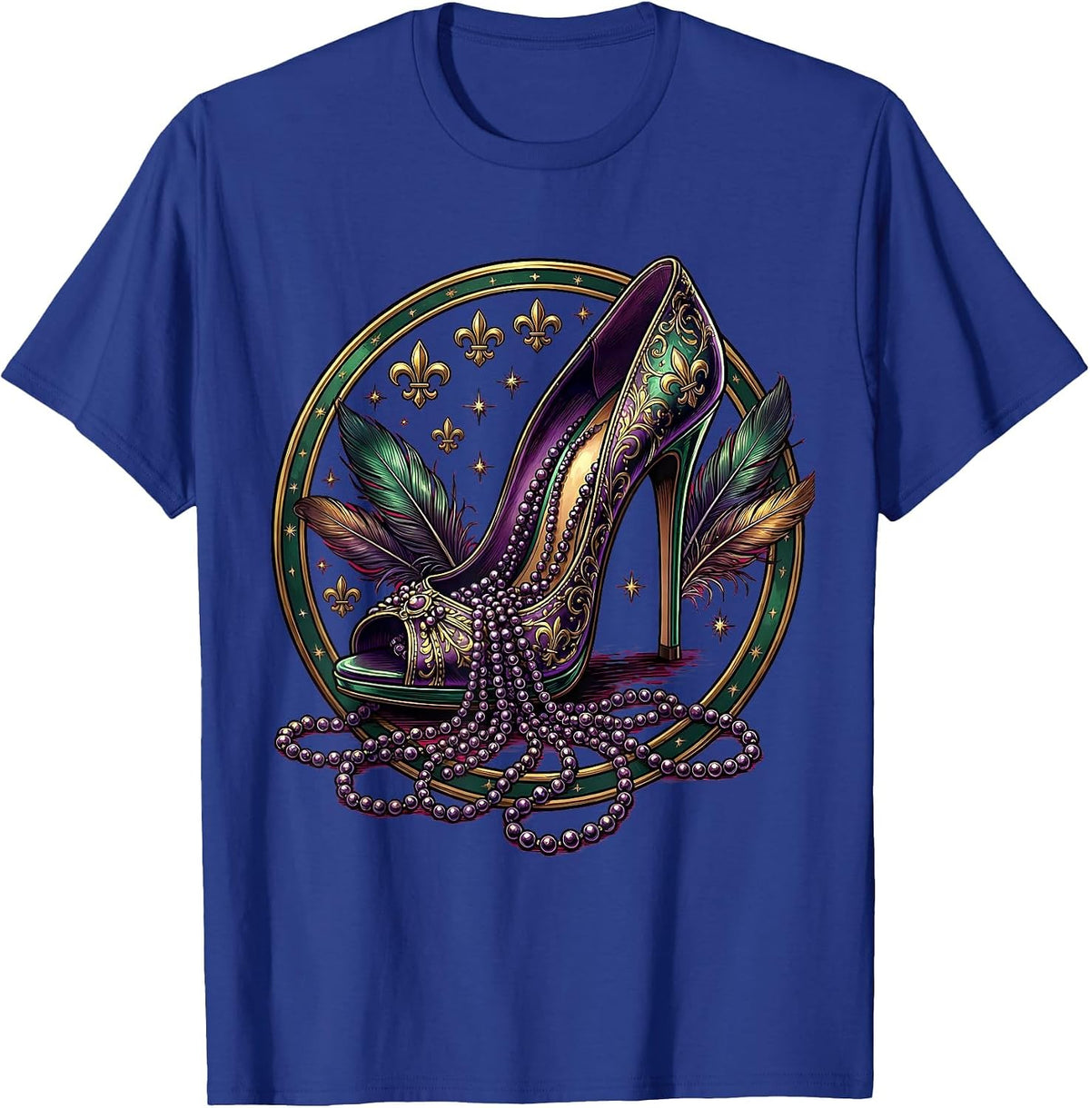 Mardi Gras High Heel Beads Festive Illustration T-Shirt - Royal Blue