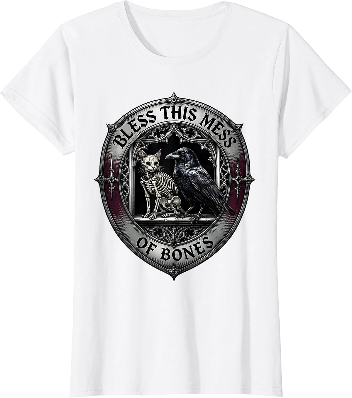 Bless This Mess Of Bones Gothic Horror Occult Cat Crow T-Shirt - White