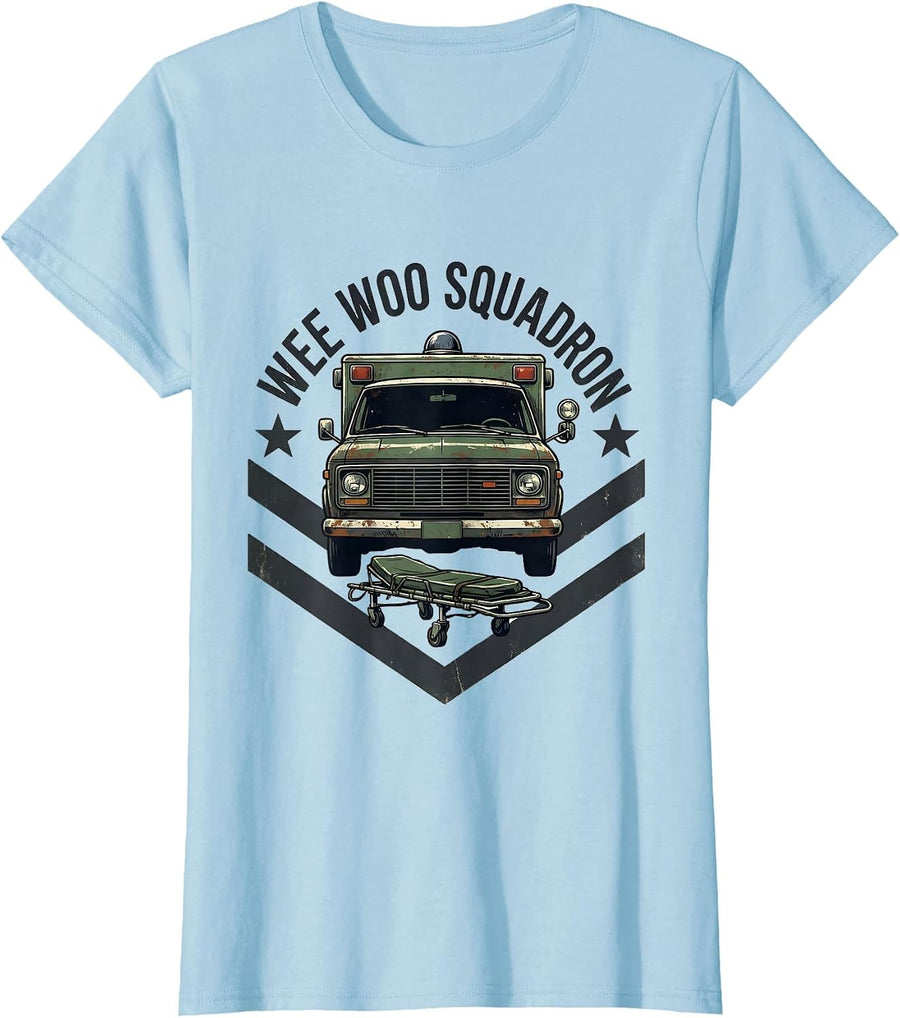 Women's Wee Woo Squadron Vintage EMS Paramedic EMT Gag Humor T-Shirt - Baby Blue