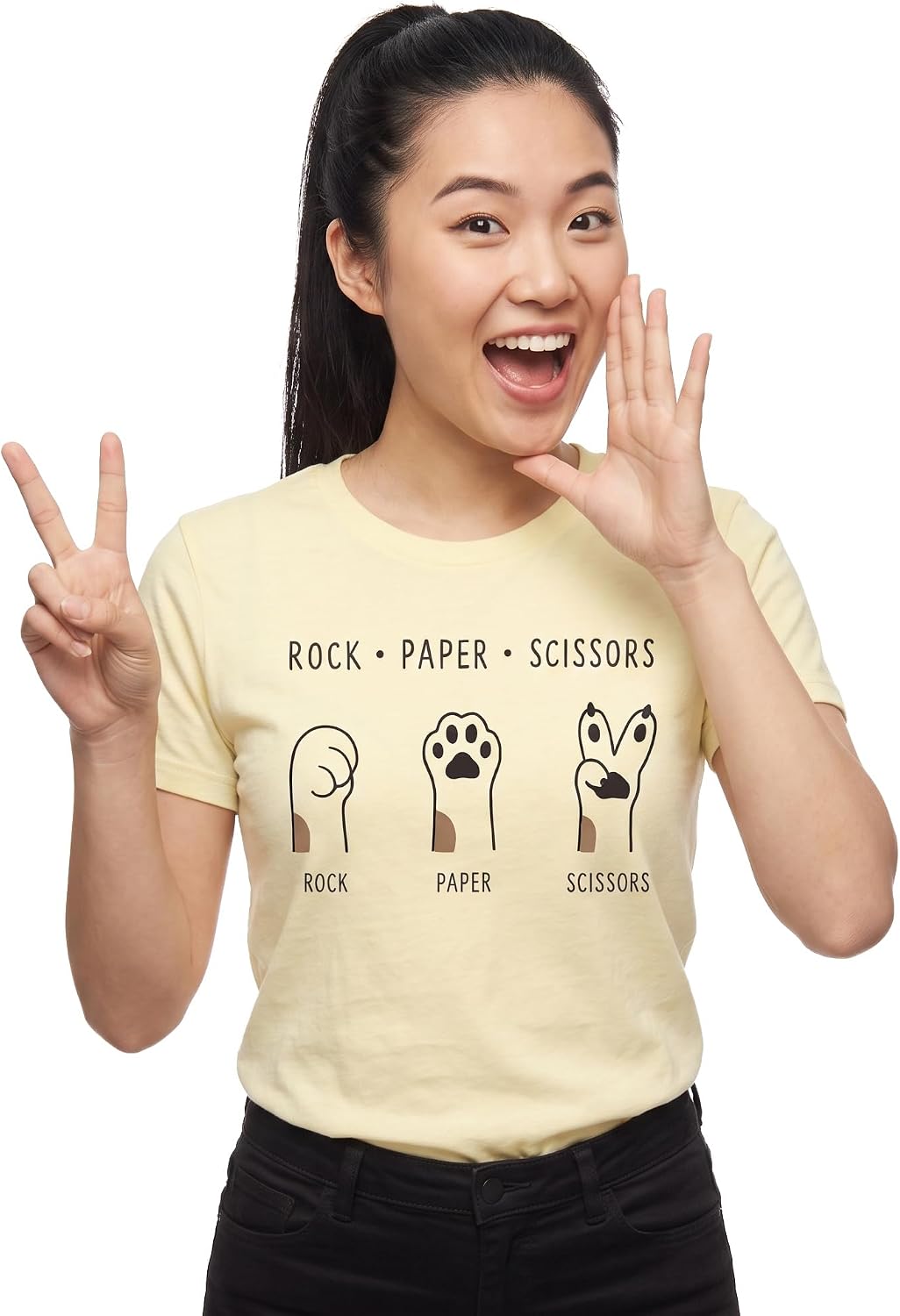 Pawrez Funny Cat T-Shirt for Women - Rock Paper Scissors Cat Paws Graphic Tee - Cute Minimalist Cat Lover Gift - Natural