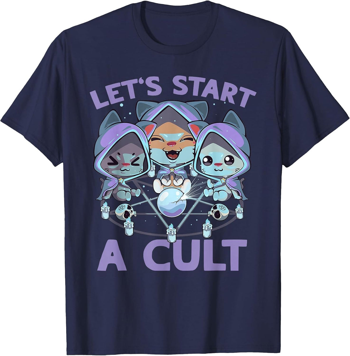 Pastel Goth Kawaii Occult Cats Summon Let's Start A Cult Cat T-Shirt - Navy Blue