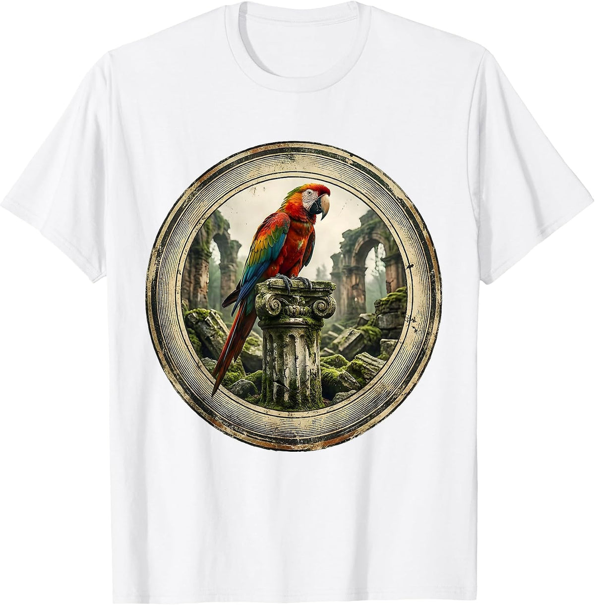 Men's Parakeet on Stone Ruins Graphic Design T-Shirt - White