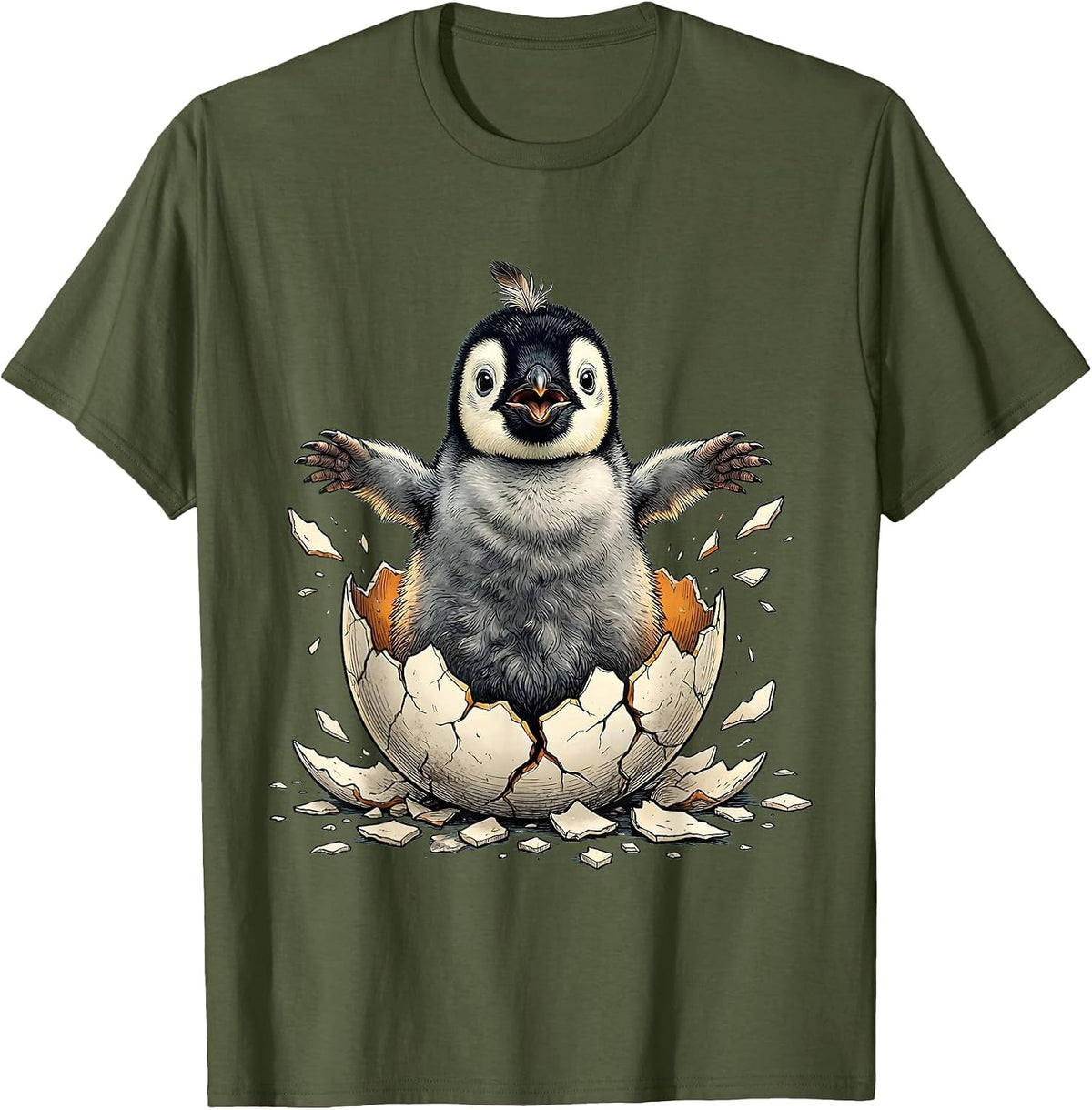 Penguin Hatching From Egg Cute Baby Bird Graphic T-Shirt - Olive Green