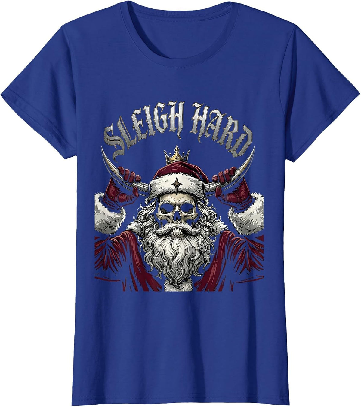 Women's Sleigh Hard Gothic Heavy Metal Santa Claus Christmas Humor T-Shirt - Royal Blue