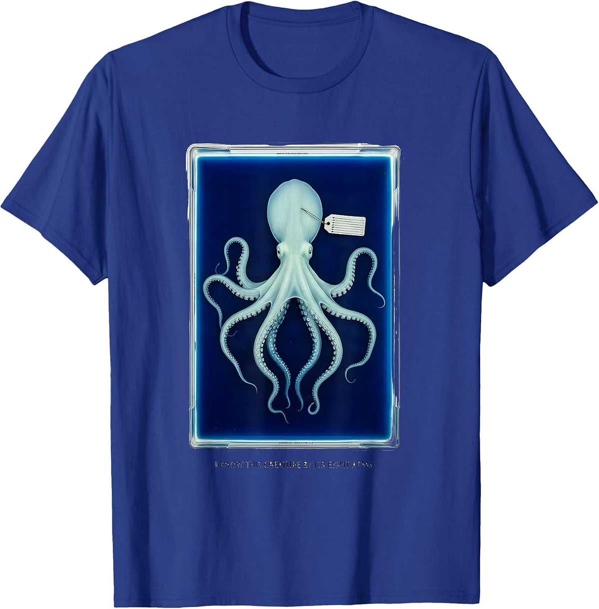 I Know This Creature By Its Eight Arms Cyanotype Octopus T-Shirt - Royal Blue