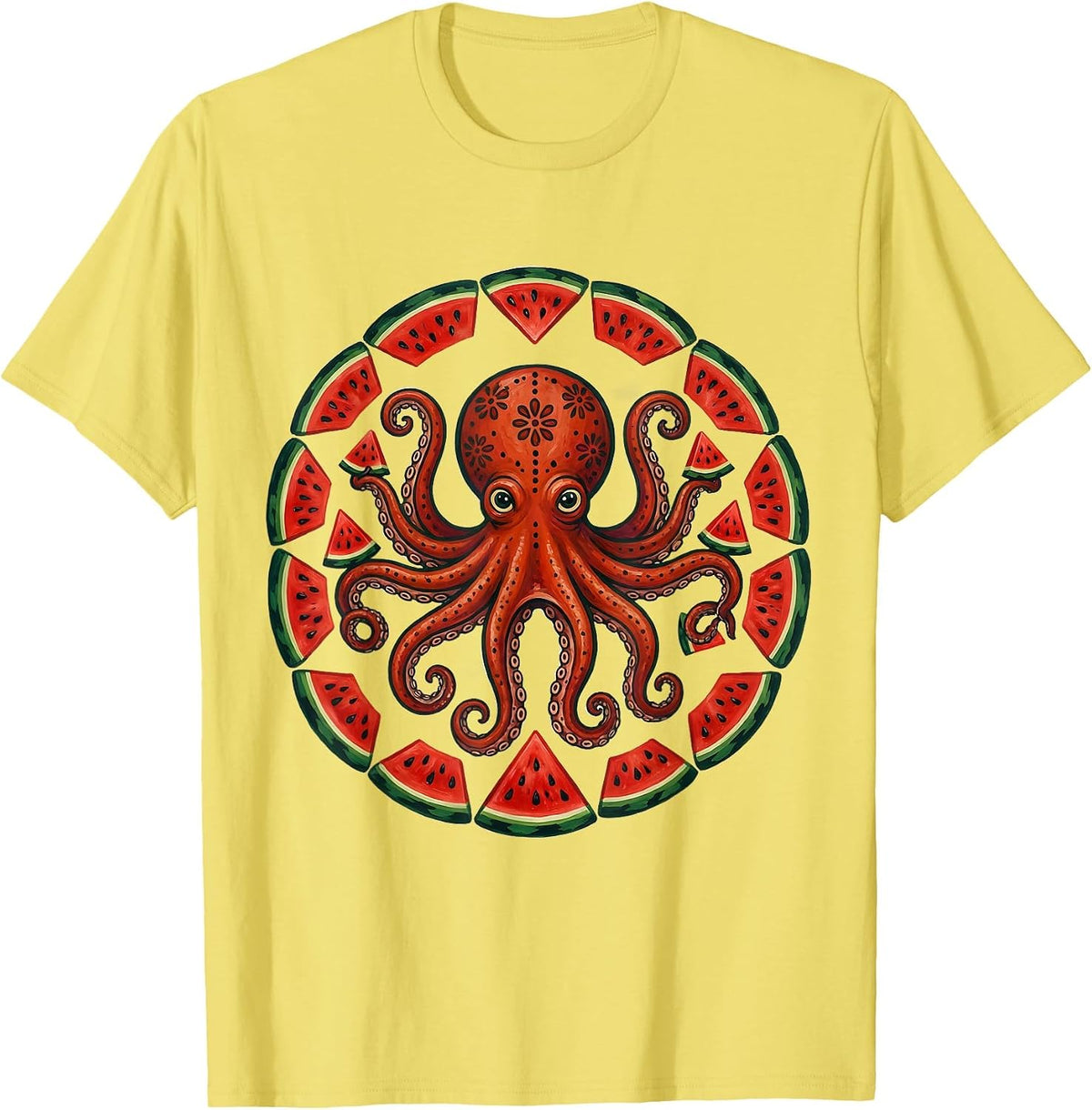 Men's Octopus Watermelon Slice Funny Summer Design T-Shirt - Lemon Yellow