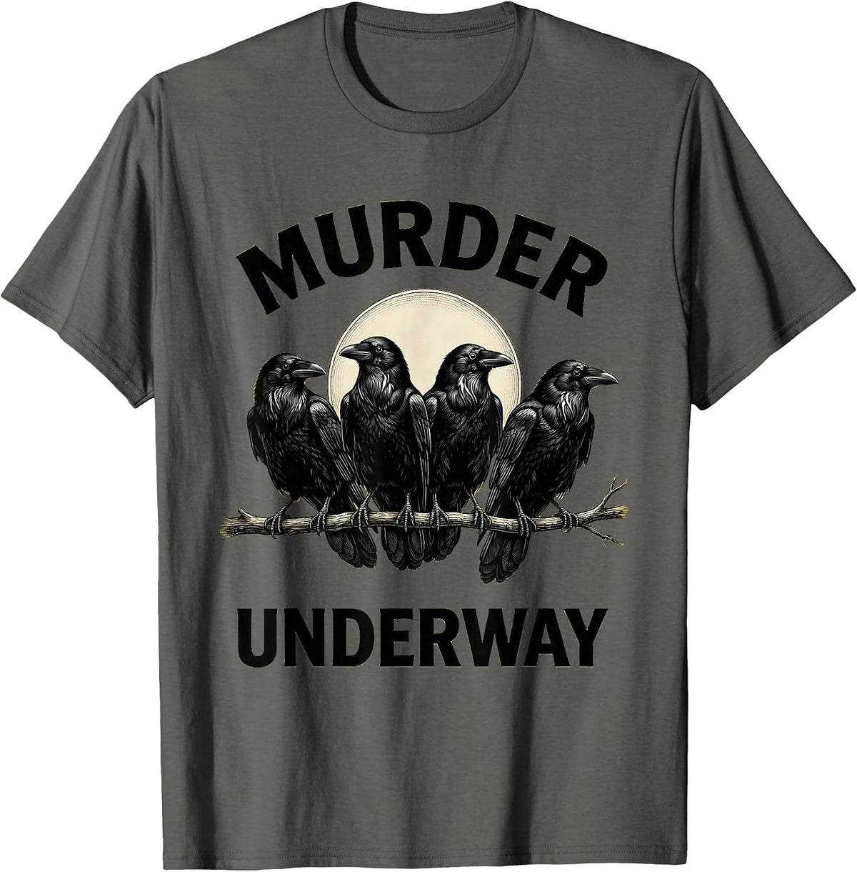 Murder Underway Crosshatch Etching Dark Humor Crow Lover T-Shirt - Asphalt Grey
