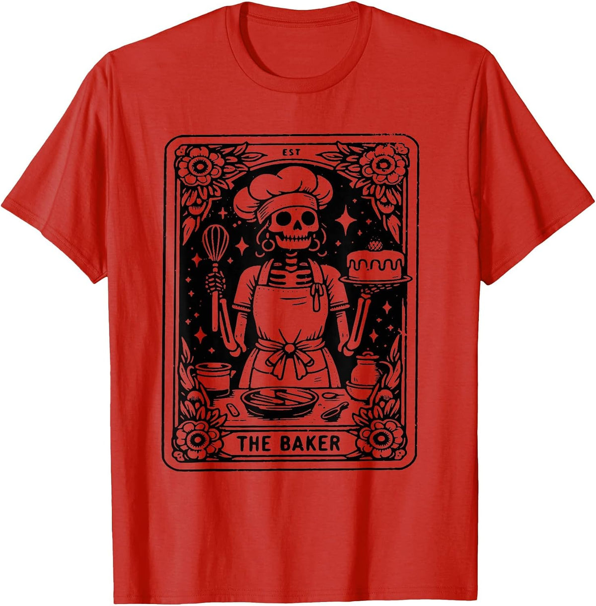 The Baker Tarot Card Skeleton Baking Skull Cook Witchy Chef T-Shirt - Red