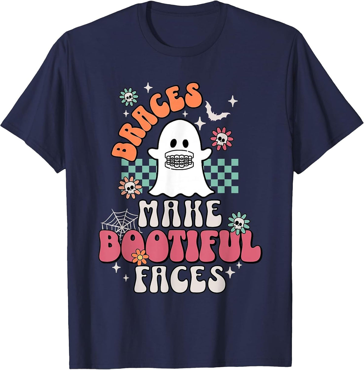 Braces Make Beautiful Faces Groovy Orthodontist Halloween T-Shirt - Navy Blue