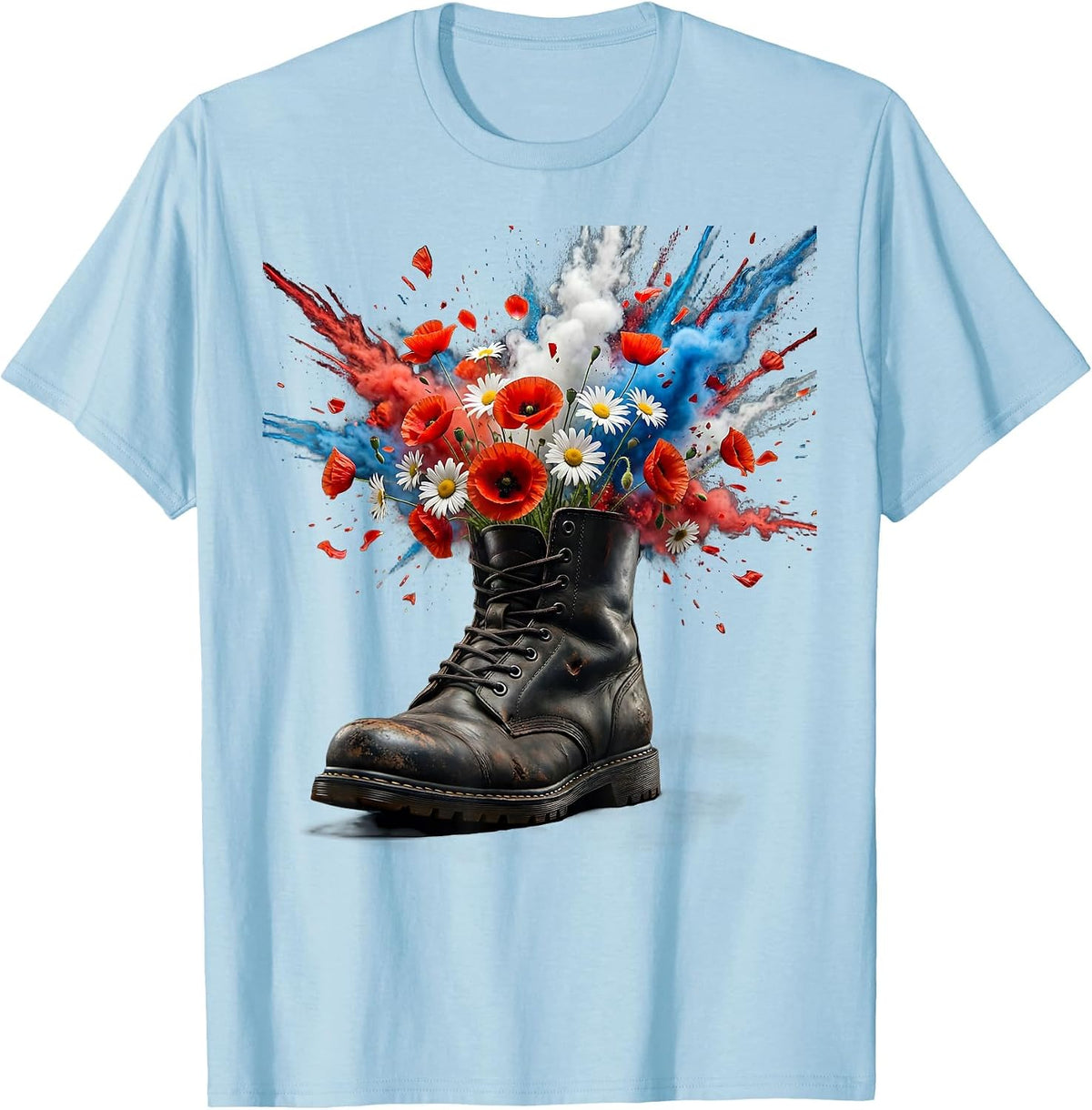 Patriotic Combat Boot Wildflower Graphic T-Shirt - Baby Blue