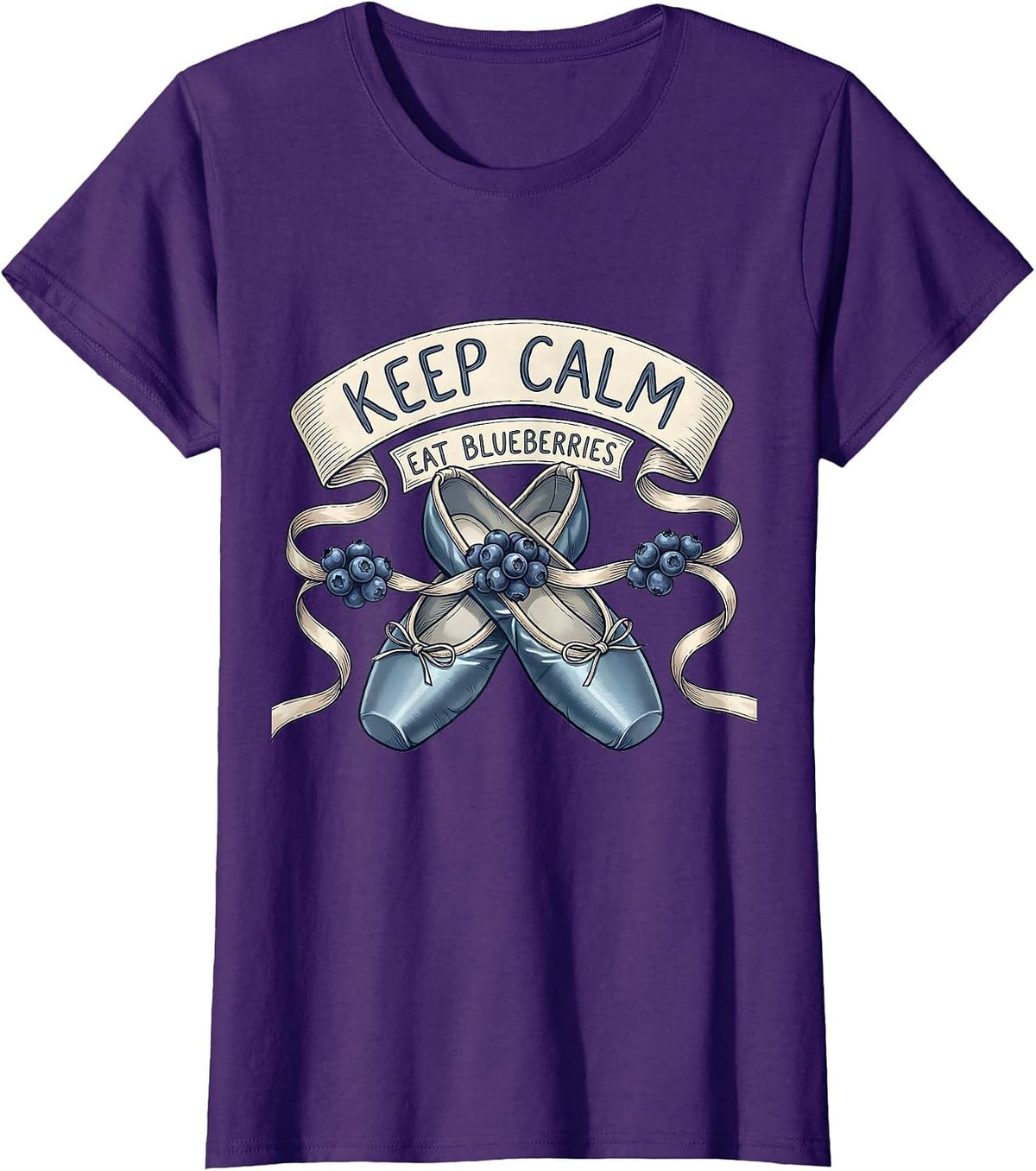 Women's Keep Calm Eat Blueberries Red White and Blue Design T-Shirt - Purple