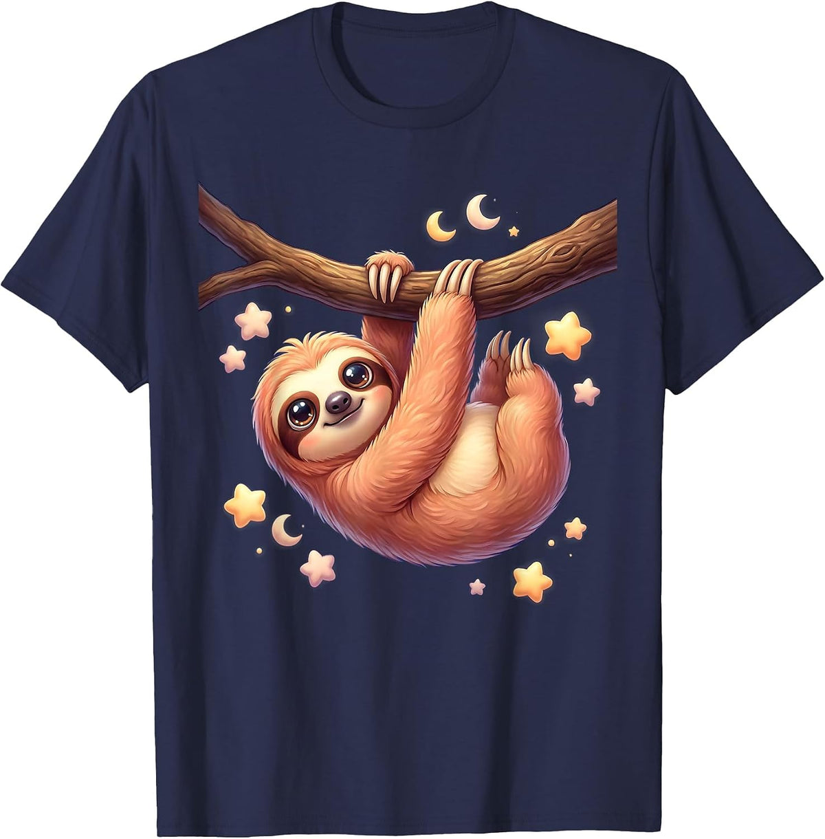 Men's Sloth Hanging From Branch Under Starry Night Sky T-Shirt - Navy Blue