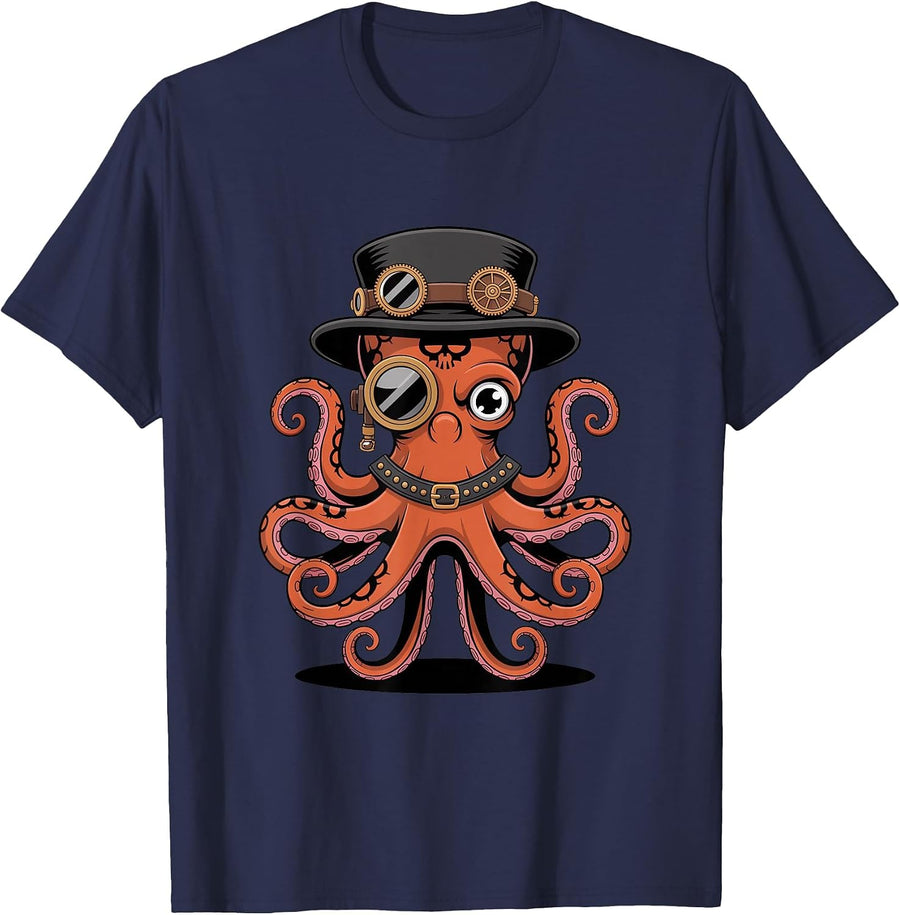 Octopus in Steampunk Style T-Shirt - Navy Blue