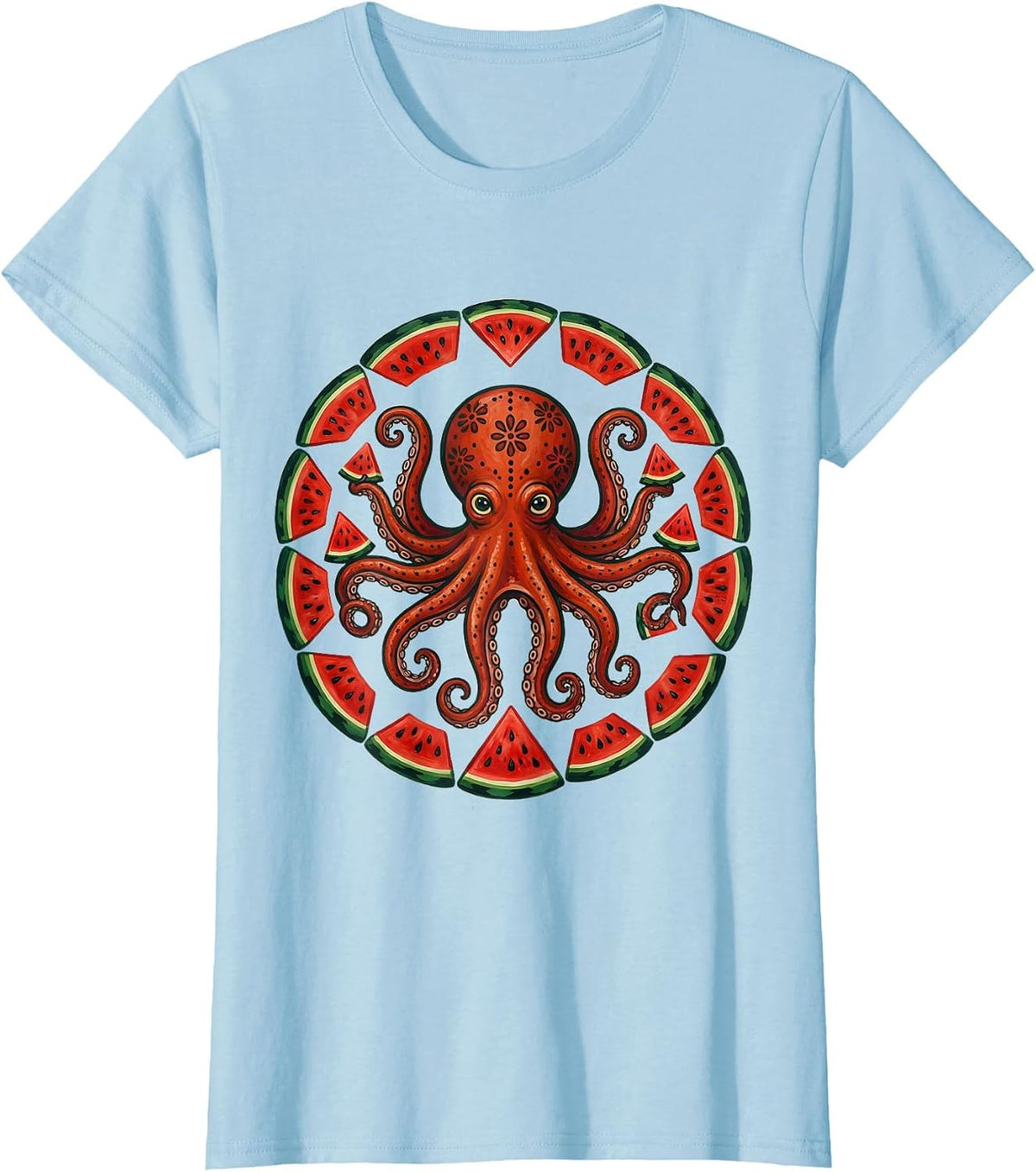 Women's Octopus Watermelon Slice Funny Summer Design T-Shirt - Baby Blue