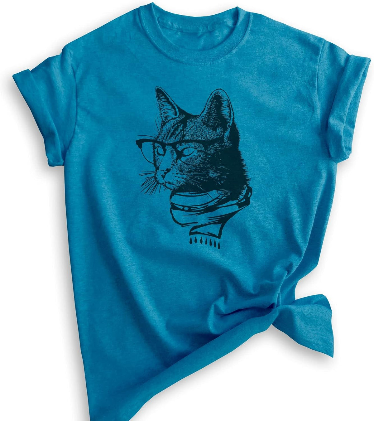 Hipster Cat Shirt, Unisex Women's Men's Shirt, Cat Lover Shirt, Cat Glasses Tee, Nerdy Tee, Cat Mom Shirt - Heather Blue