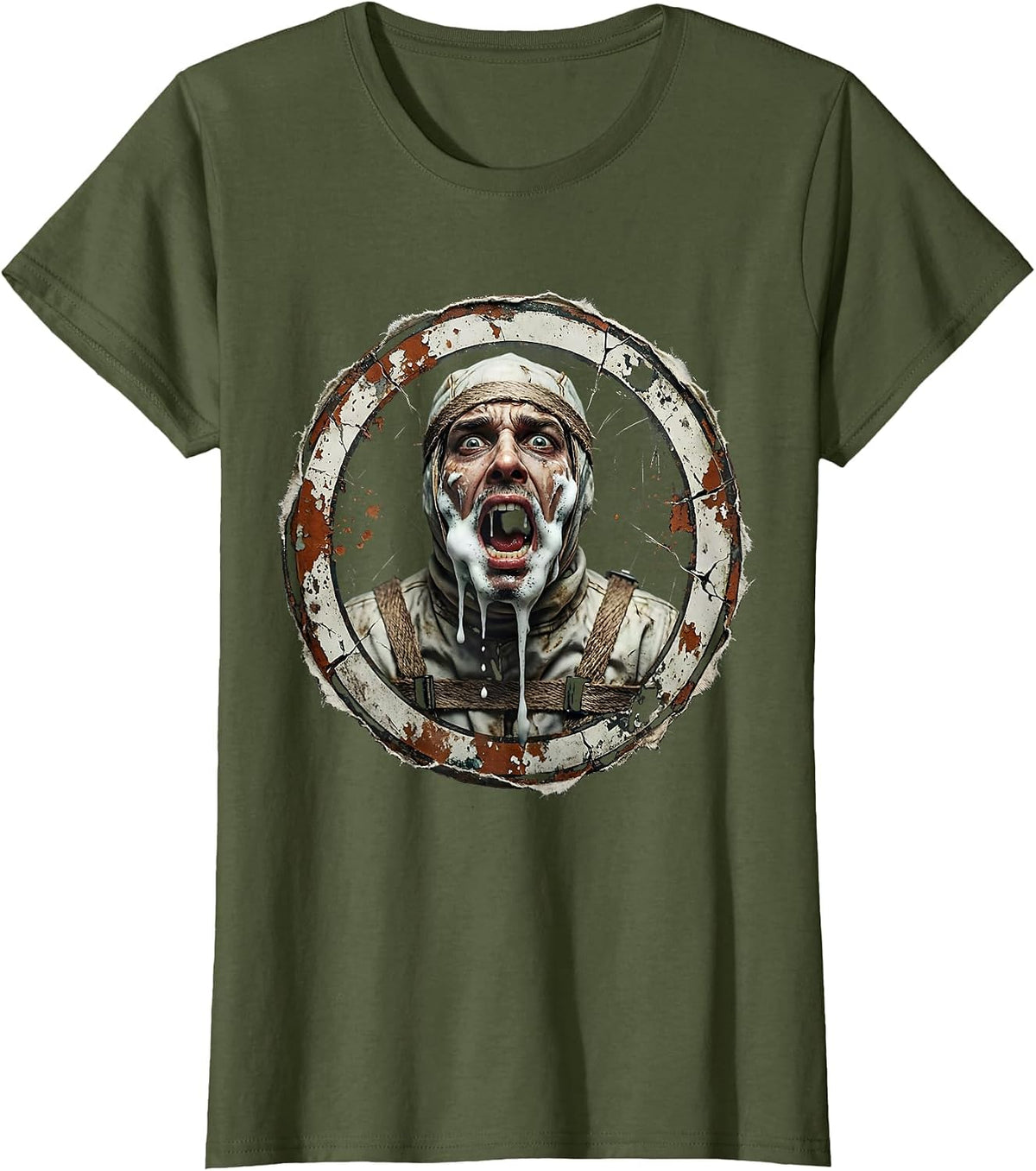 Women's Rabies Frothing Straitjacket Humor Graphic T-Shirt - Olive Green