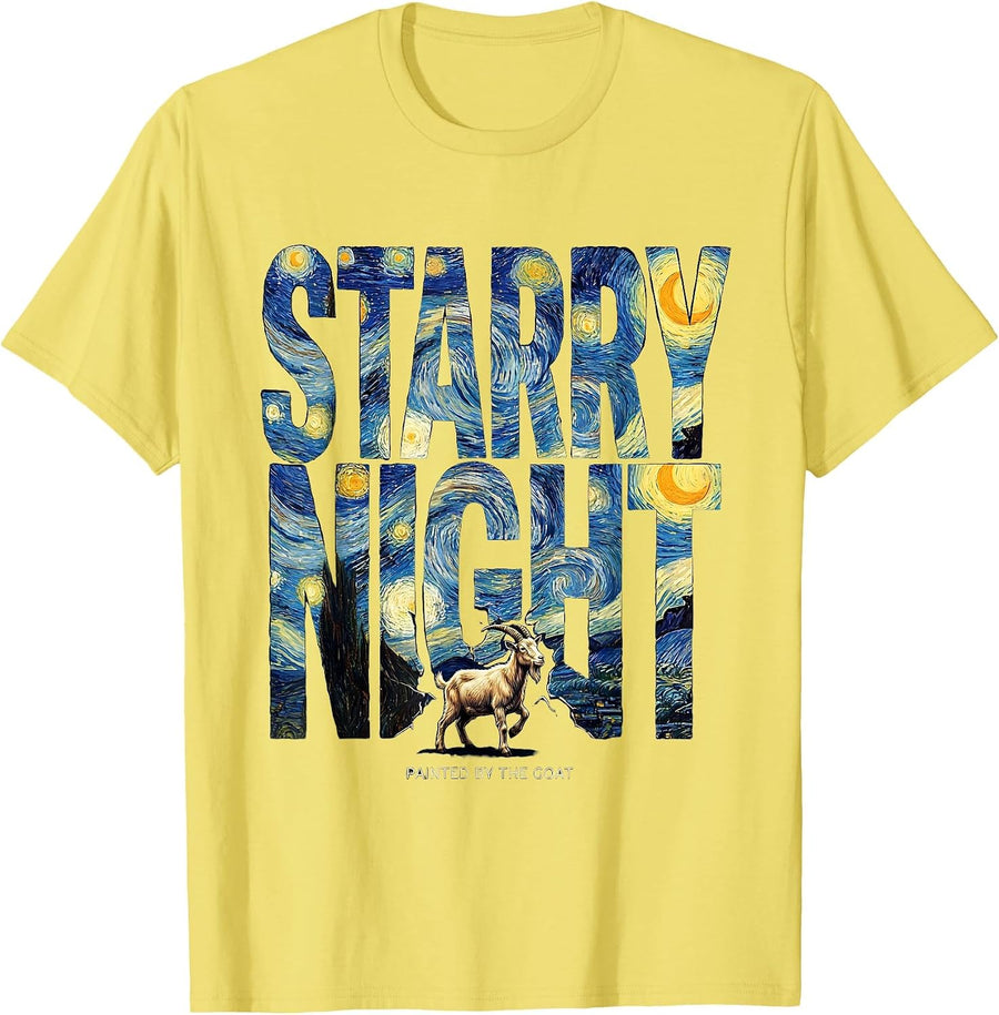 Men's Starry Night Painted By The Goat Whimsical Art Homage Animal T-Shirt - Lemon Yellow