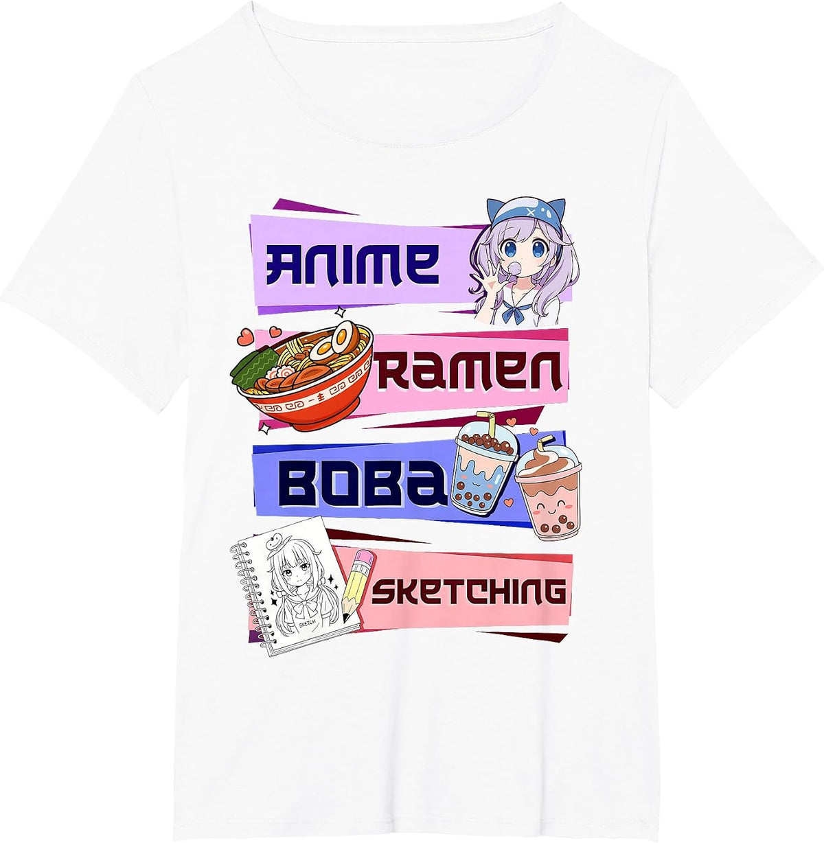 Anime Girl Ramen Boba Tea Bubble Tea Sketching Japanese T-Shirt - White
