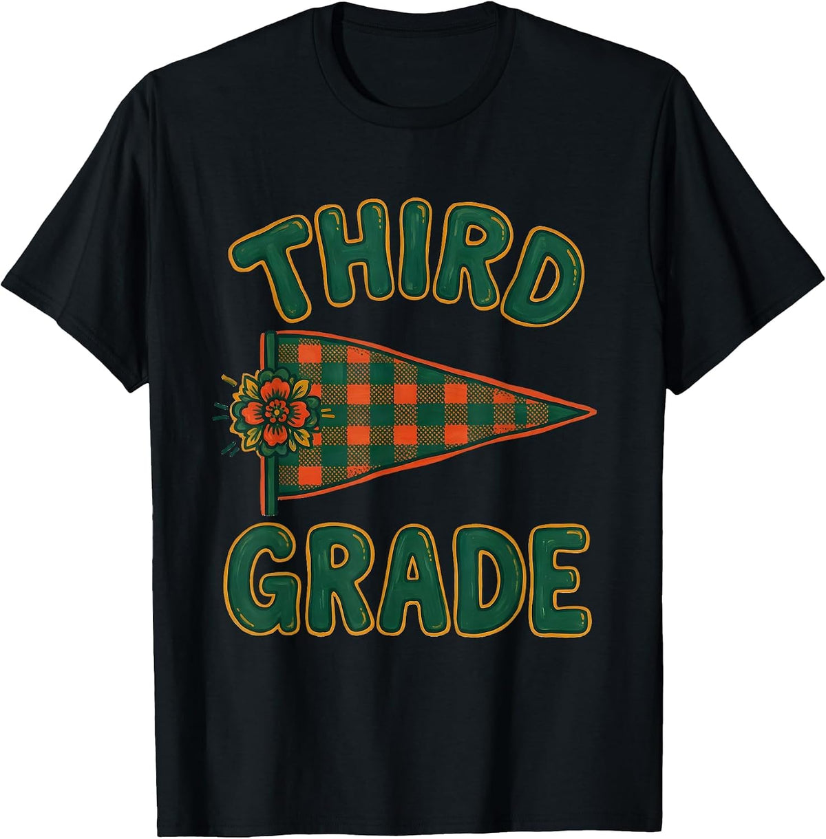 Men's Third Grade Folk Art Pennant Flag Back to School T-Shirt - Black