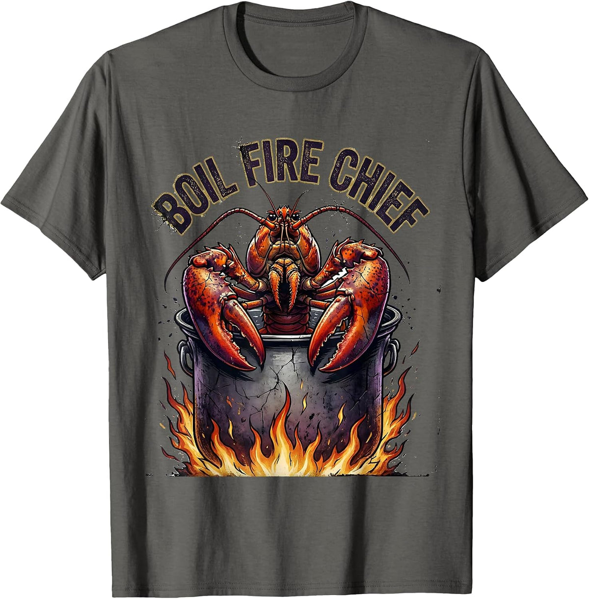 Boil Fire Chief Distressed Mardi Gras Crawfish Carnival T-Shirt - Asphalt Grey