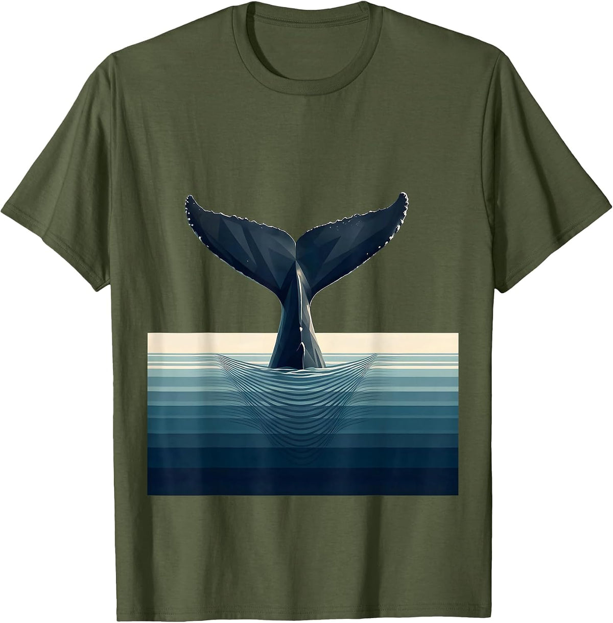 Hawaiian Whale Tail Ocean Dive Illustration T-Shirt - Olive Green