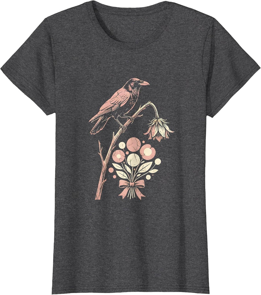 Women's Crow on Dead Flower Stem Gothic Nature Art T-Shirt - Dark Heather Grey
