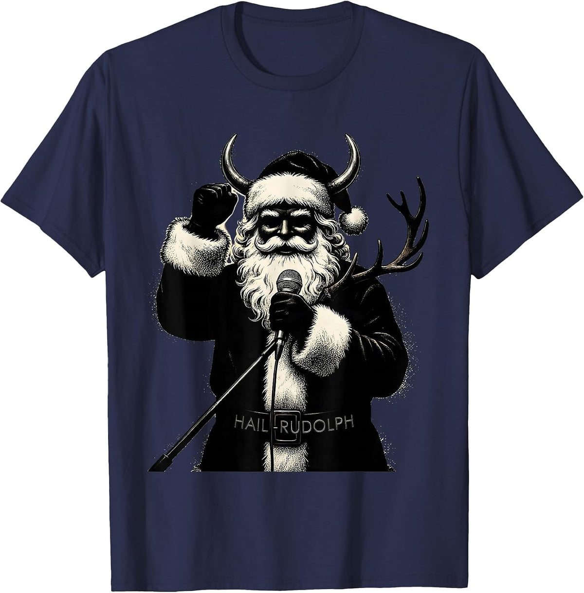 Men's Hail Rudolph Blackwork Dotwork Heavy Metal Santa Parody T-Shirt - Navy Blue