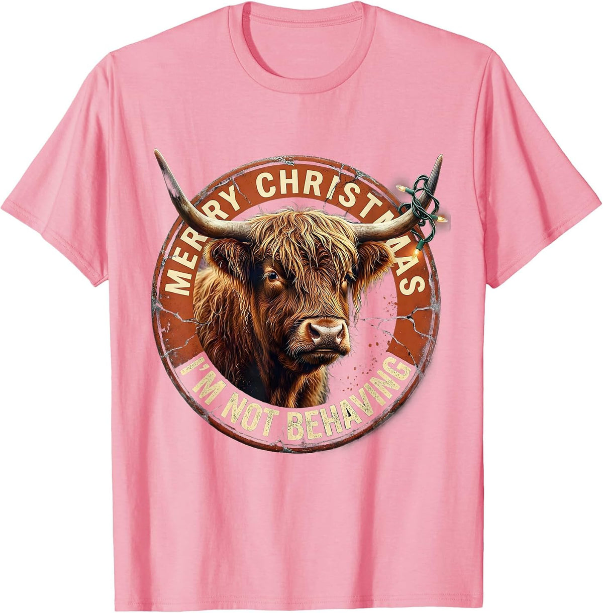 Men's Merry Christmas, I'm Not Behaving Distressed Highland Cow T-Shirt - Pink