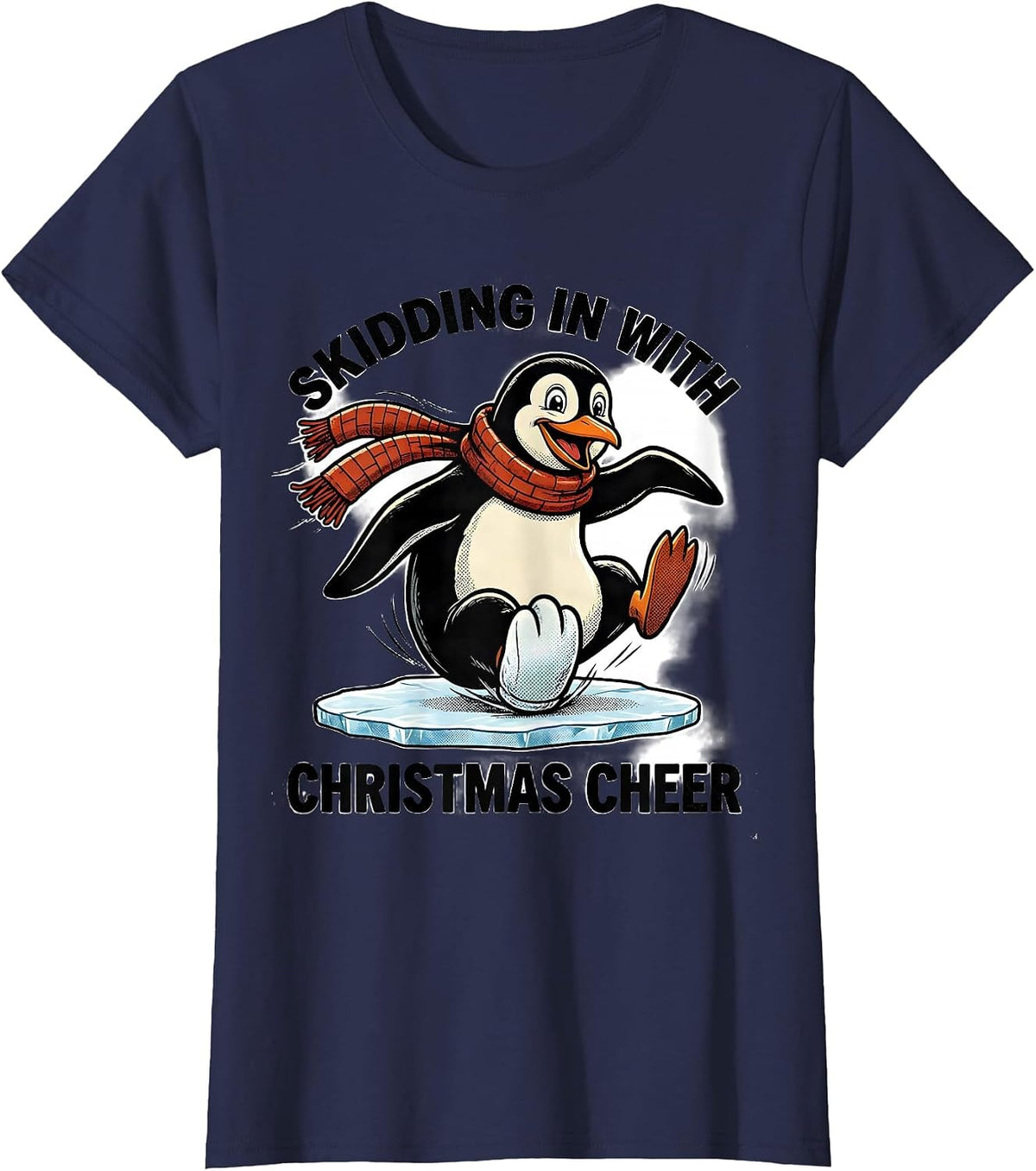 Women's Skidding In With Christmas Cheer Retro Cartoon Penguin Lover T-Shirt - Navy Blue