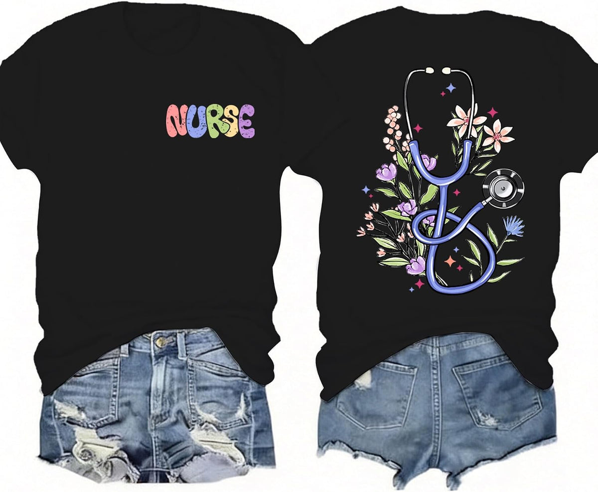 Nurse Shirts for Women Boho Floral Nursing Life Stethoscope T-Shirt Nurses Week Appreciation Tee Tops - Black