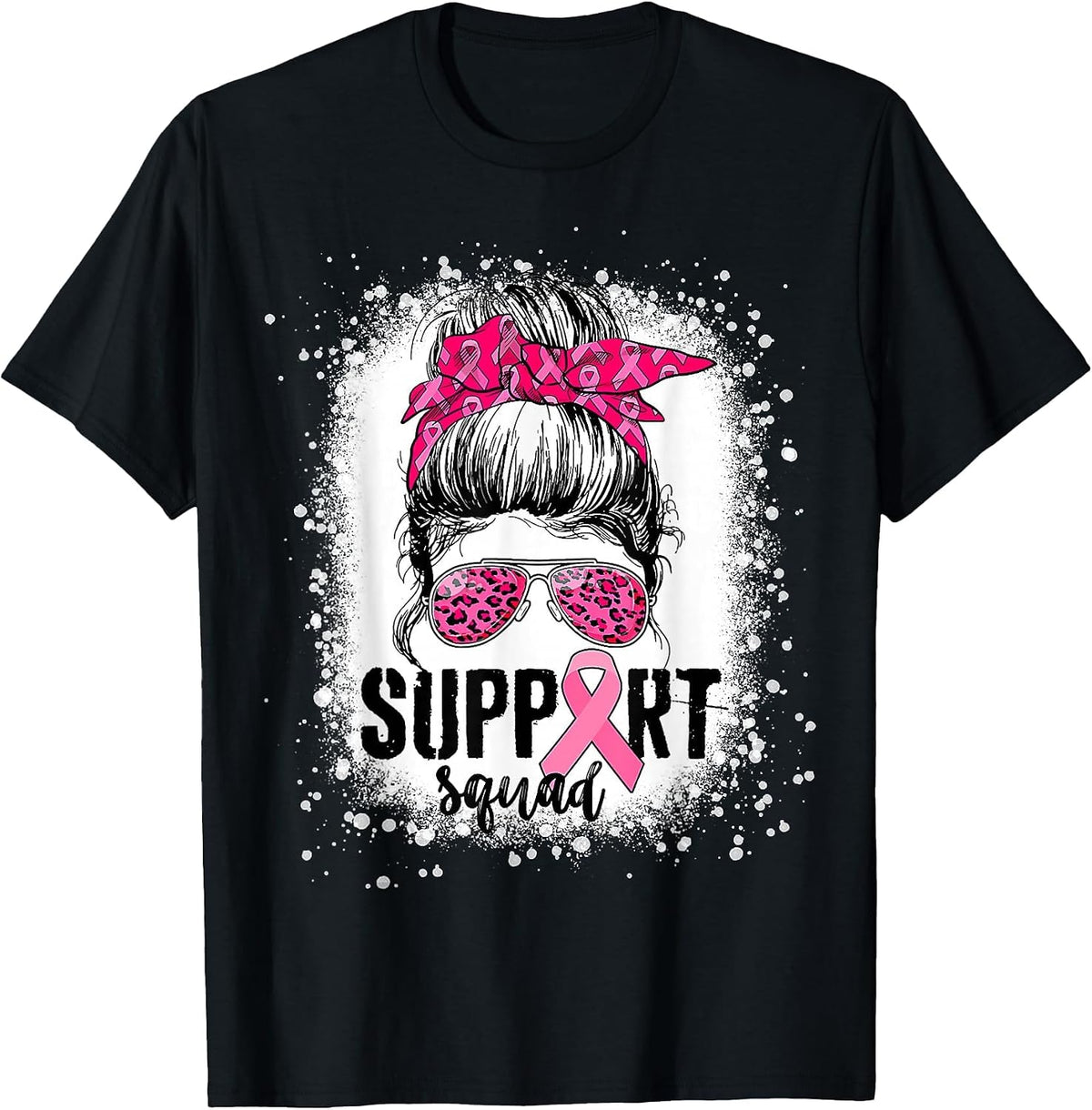 Support Squad Messy Bun Pink Warrior Breast Cancer Awareness T-Shirt - Black