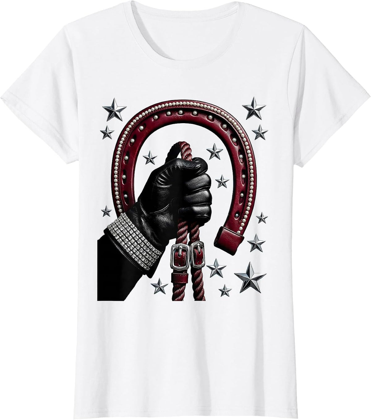 Cowboy Hand Holding Reins Stormy Sky Illustration T-Shirt - White