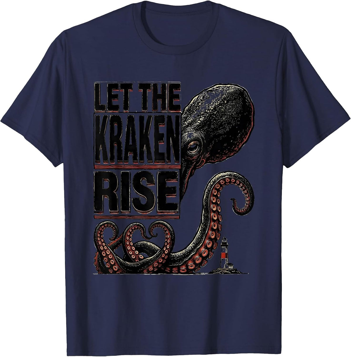 Let The Kraken Rise Wood Type Letterpress Octopus Lover T-Shirt - Navy Blue
