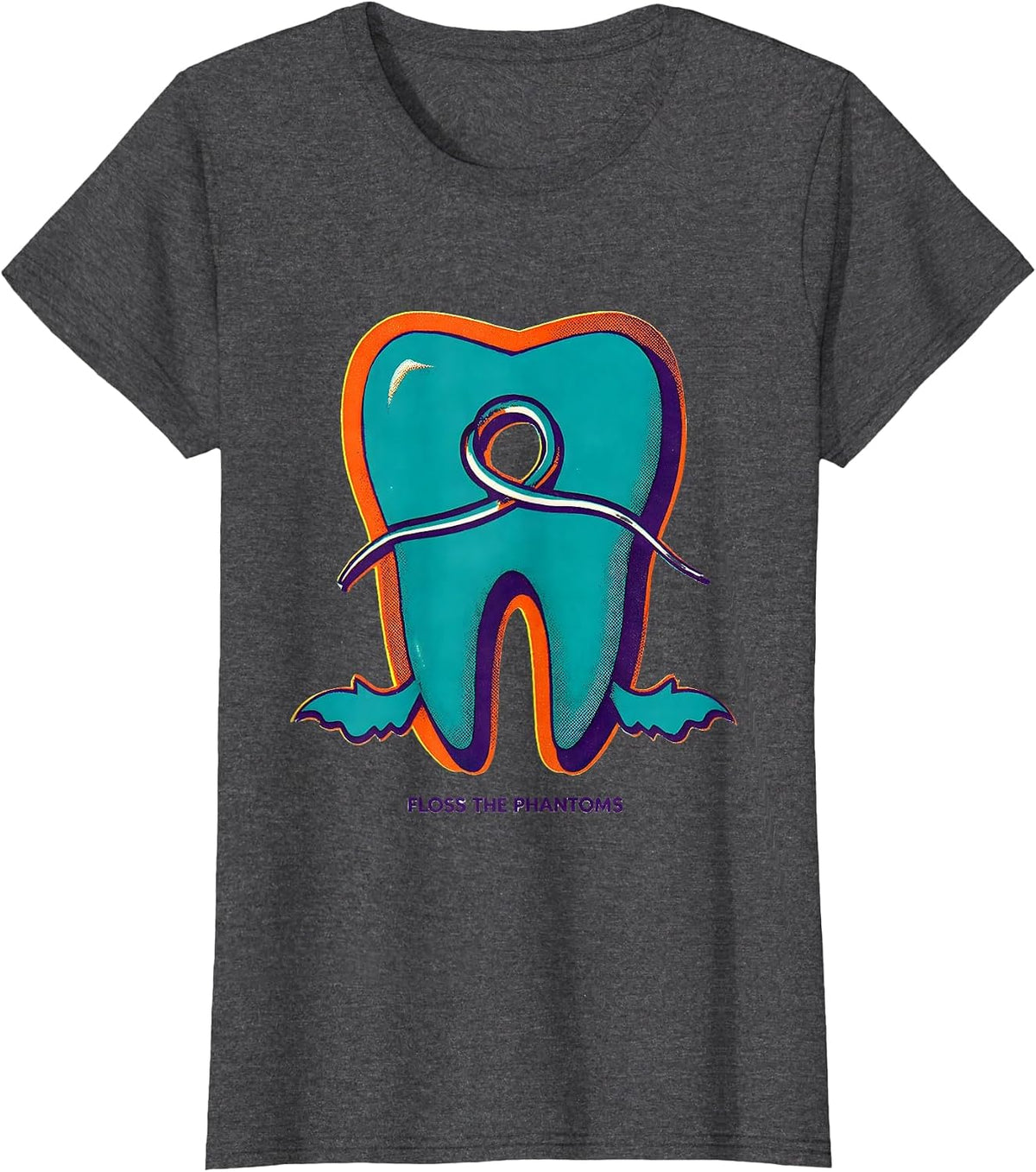 Women's Floss the Phantoms Risograph Halloween Dentist Dental T-Shirt - Dark Heather Grey
