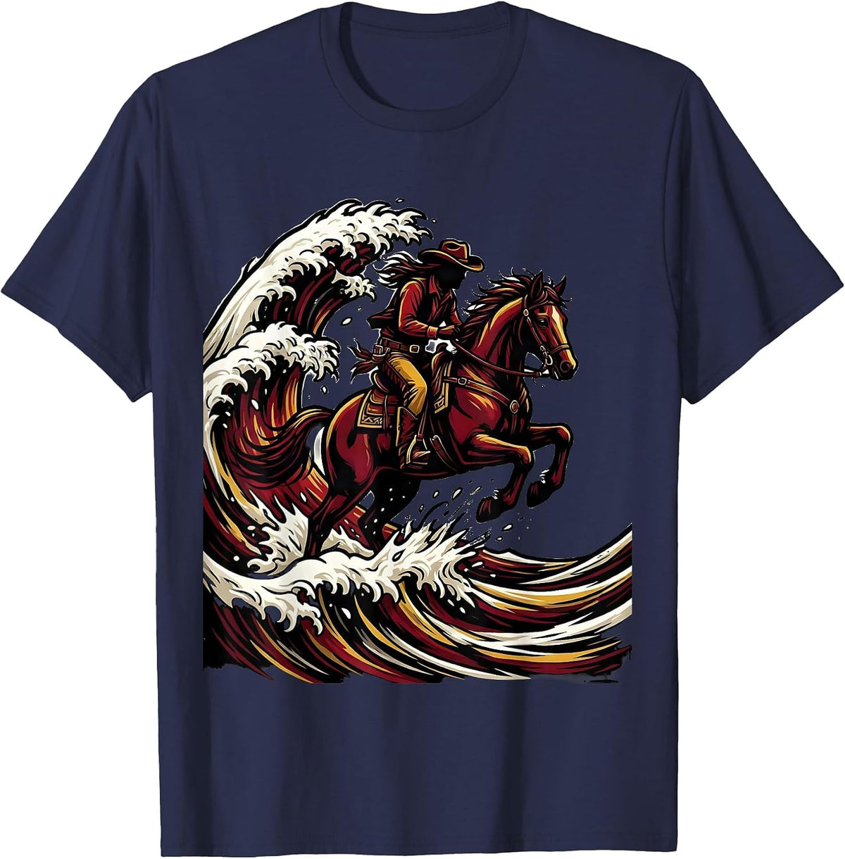 Cowgirl Riding Horse Through Ocean Waves T-Shirt - Navy Blue