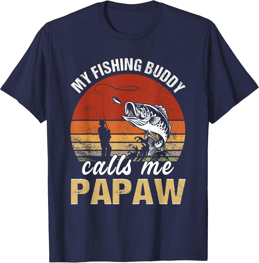 Vintage My Fishing Buddy Calls Me Papaw Family Fathers Day T-Shirt - Navy Blue
