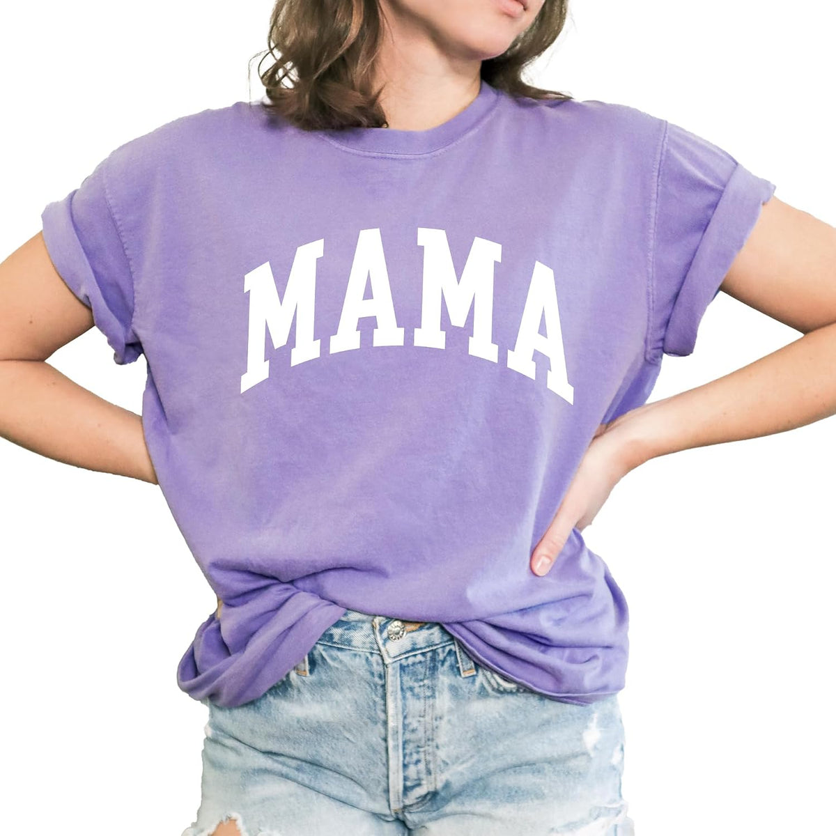 Mama T-Shirt, Pregnancy Reveal to Mother, 100% Cotton Premium Quality, Retro Look Oversized Graphic Tee - Violet