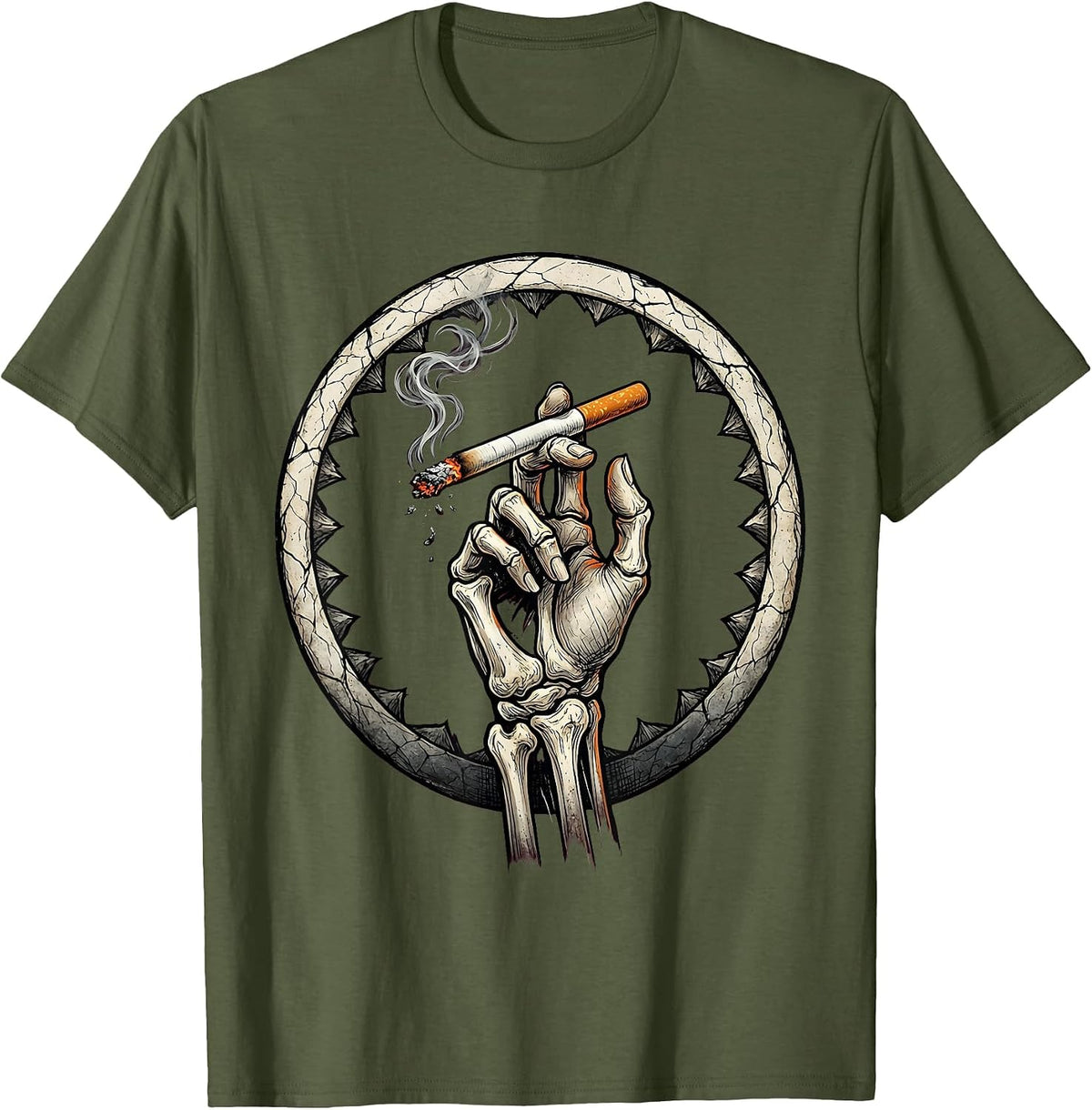 Grunge Skeletal Fingers Burning Cigarette Art T-Shirt - Olive Green