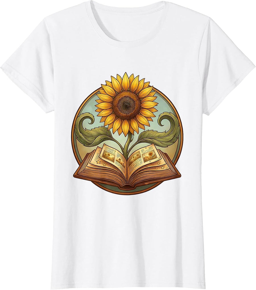 Women's Preschool Teacher Sunflower Book Illustration T-Shirt - White