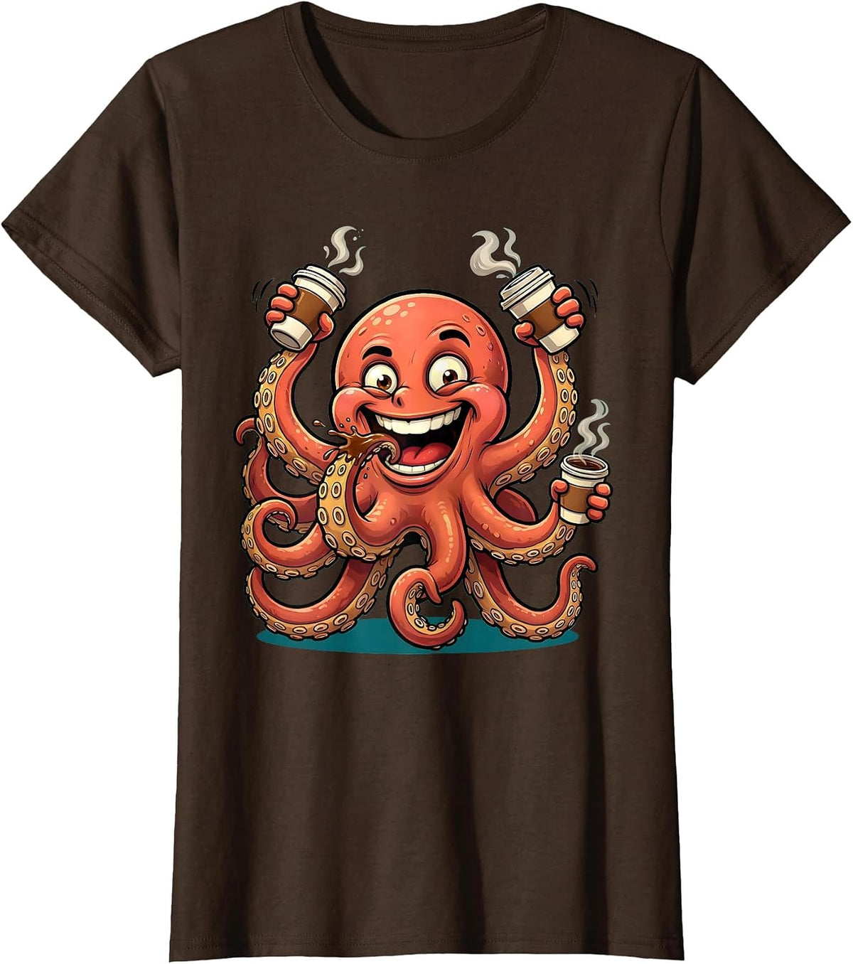 Women's Octopus Multitasking With Eight Coffee Cups T-Shirt - Brown