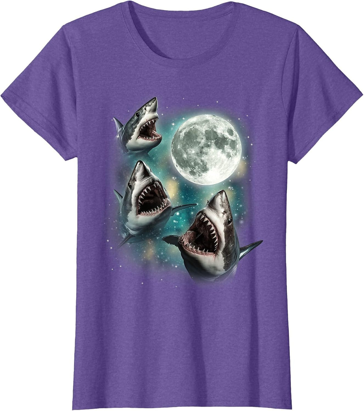 Three Shark Moon | 3 Great Whites Howling Wolfs Moon Parody T-Shirt - Purple Heather