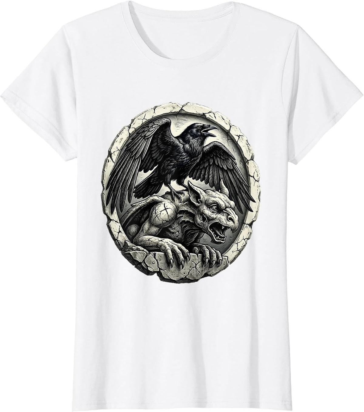 Raven and Gargoyle Gothic Dark Art Design T-Shirt - White