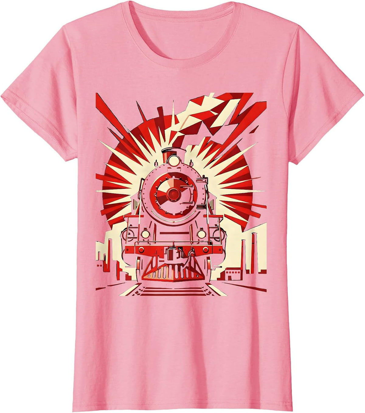 Women's Vintage Locomotive Labor Day Factory Smoke Art T-Shirt - Pink