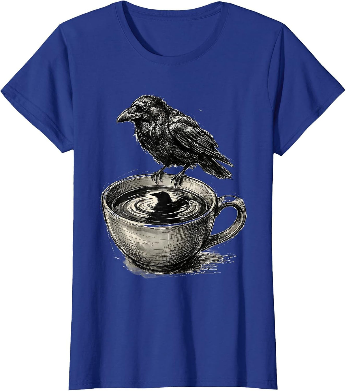 Women's Crow Reflection Dark Coffee Surface Illustration T-Shirt - Royal Blue