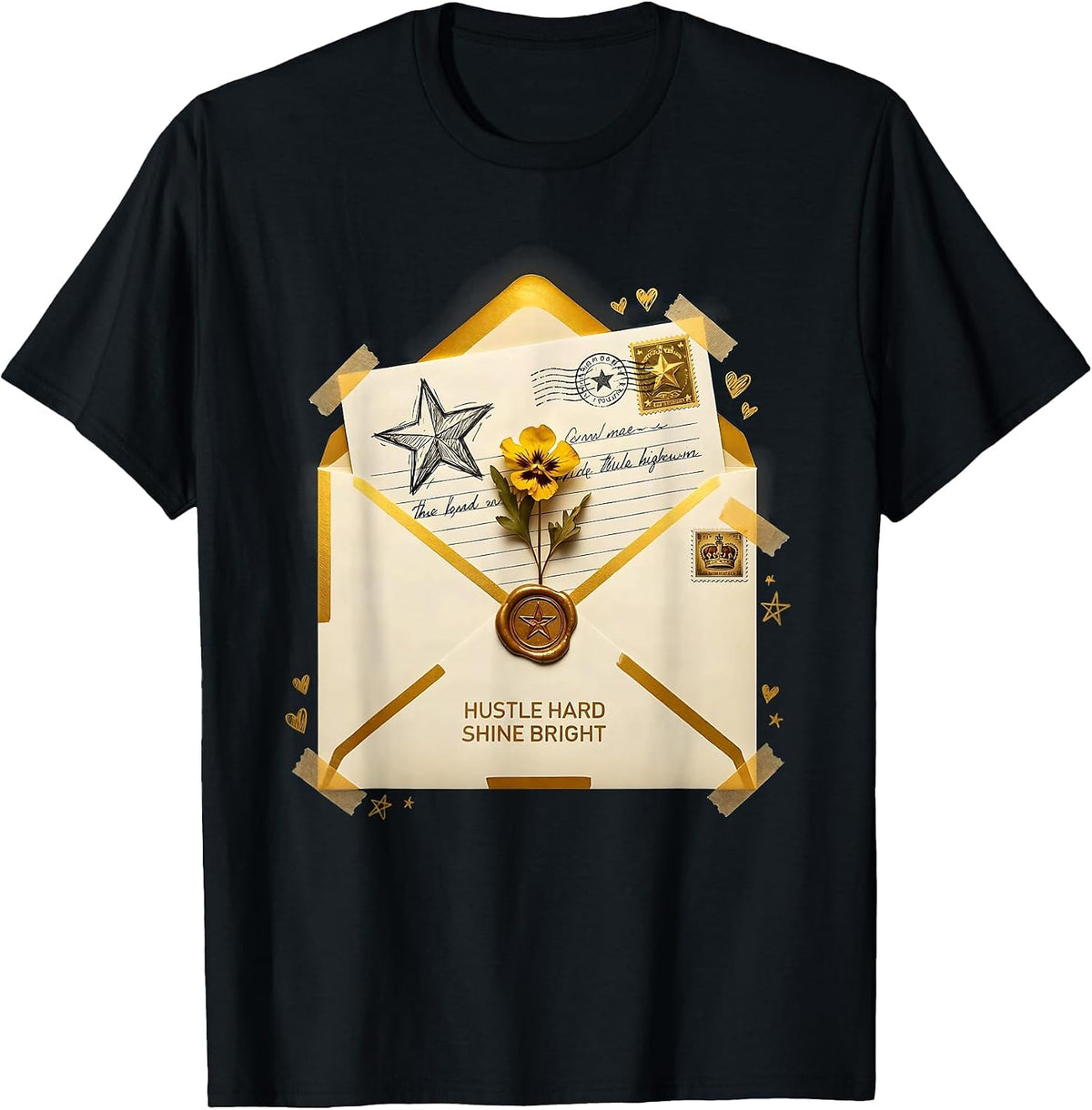 Men's Hustle Hard Shine Bright Black and Gold Design T-Shirt - Black
